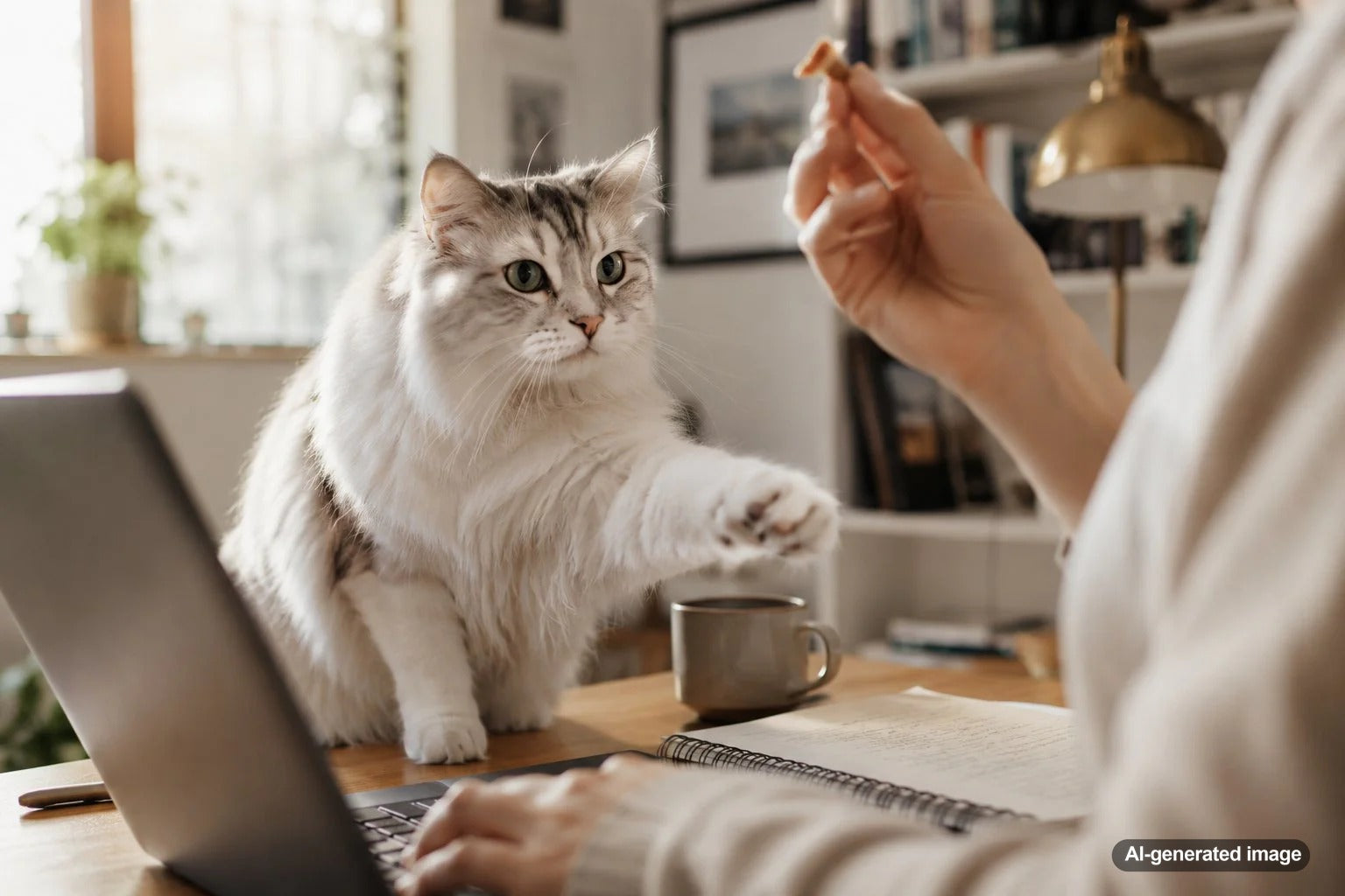 Cat interrupting a pet owner working from home to enforce a playful break