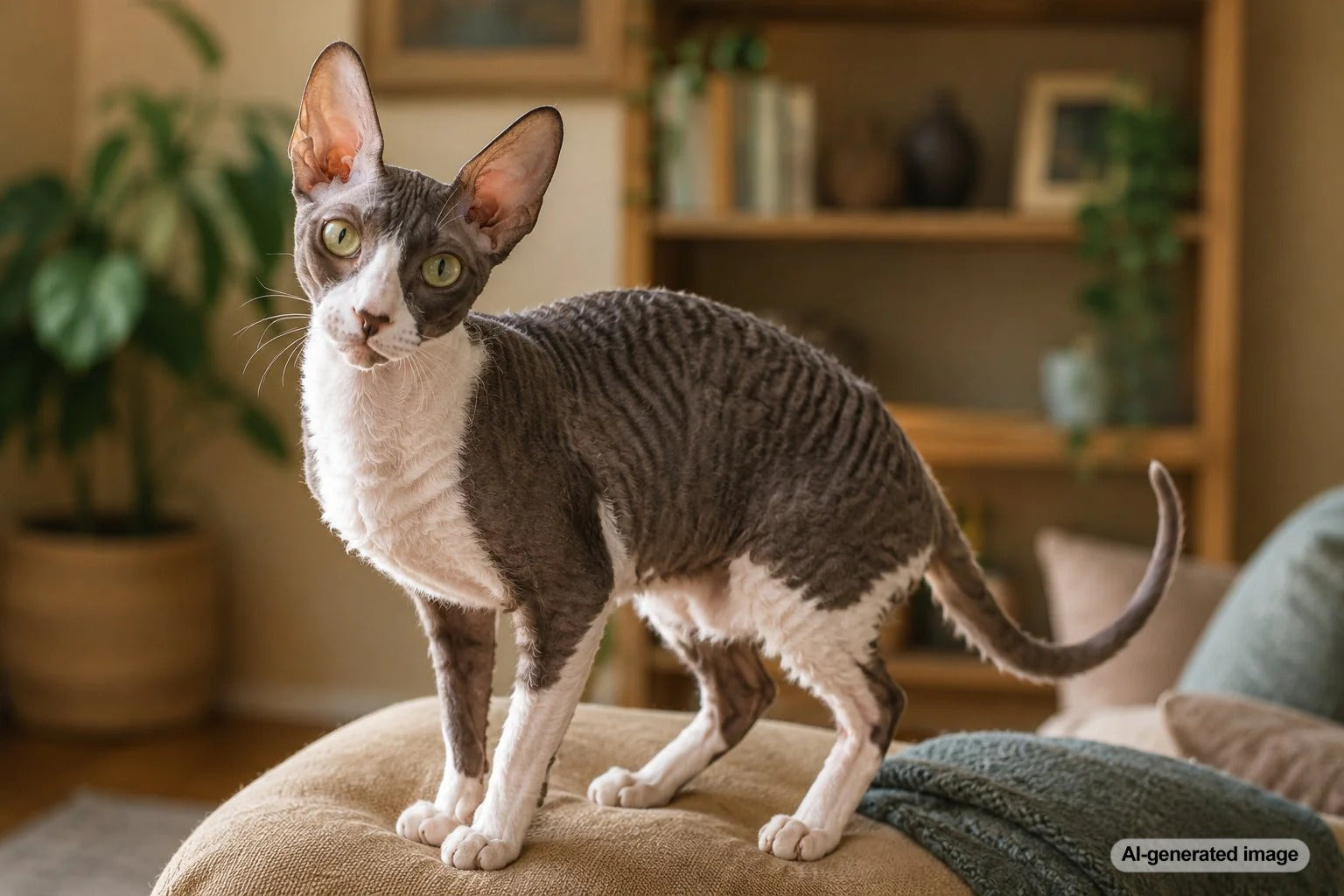 Playful Cornish Rex cat with a soft curly coat and bright curious expression