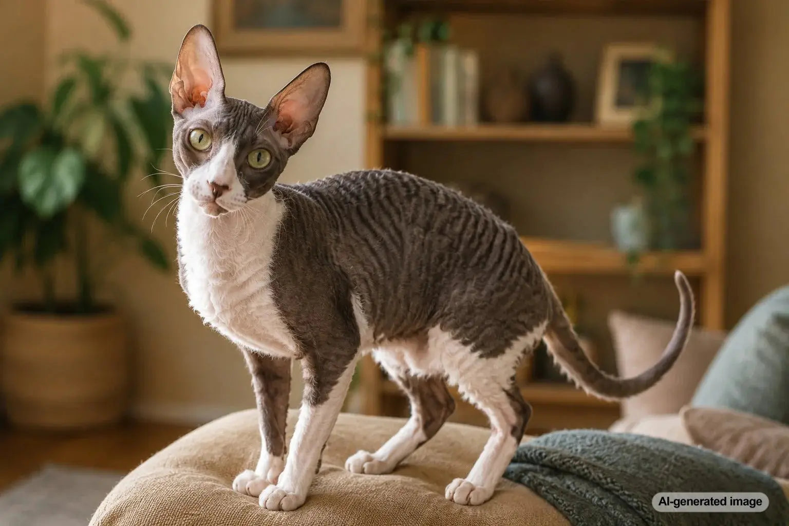 Playful Cornish Rex cat with a soft curly coat and bright curious expression