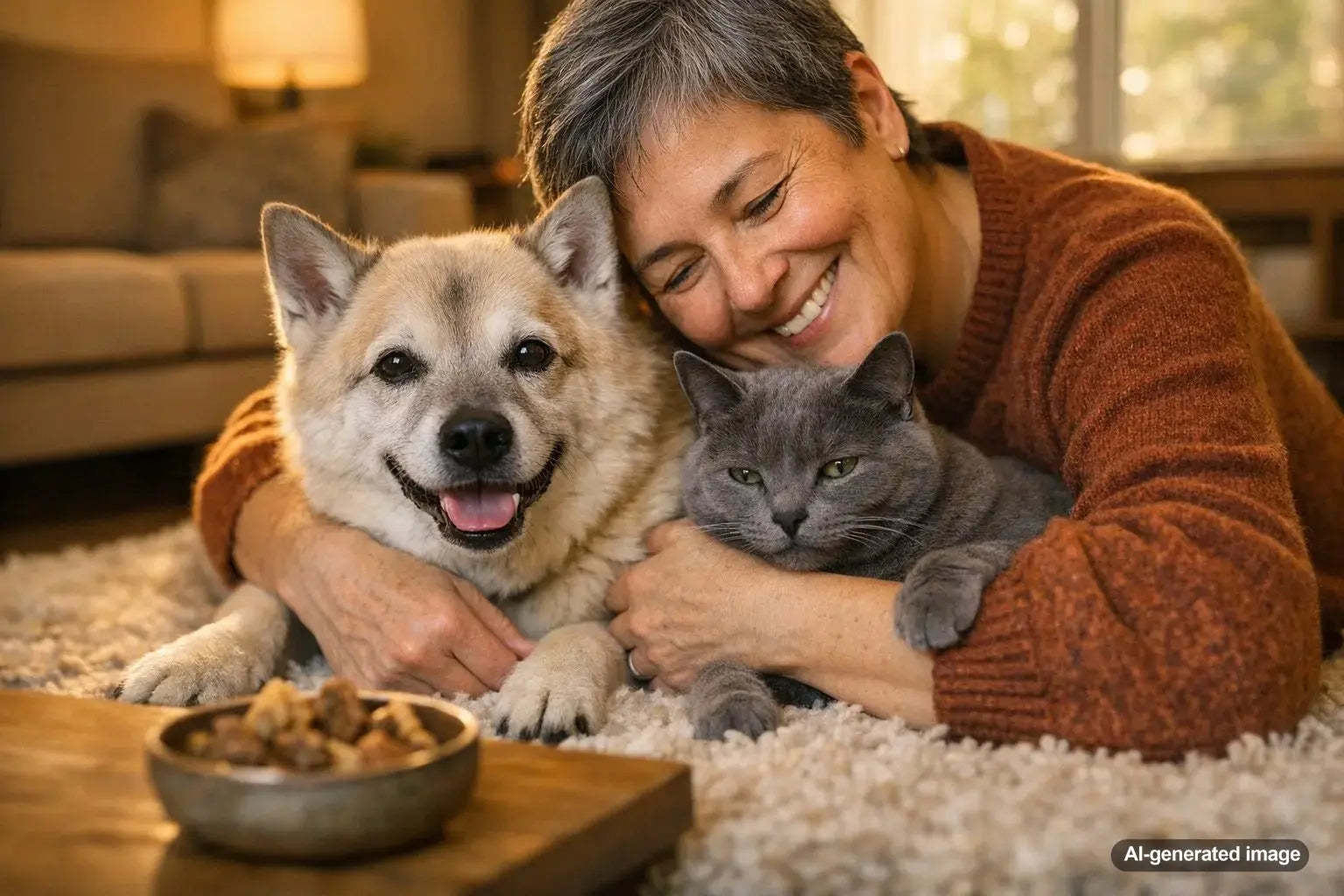 Senior dog and cat relaxing together showcasing the joy of adopting older pets