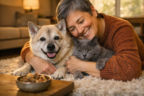 Senior dog and cat relaxing together showcasing the joy of adopting older pets