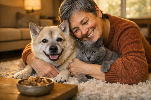 Senior dog and cat relaxing together showcasing the joy of adopting older pets