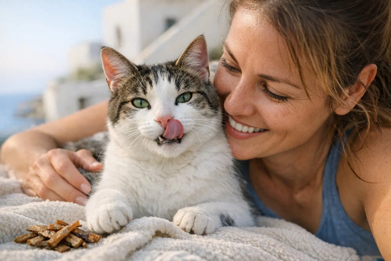 Aegean cat from Greece with a natural bi-colored coat near the sea