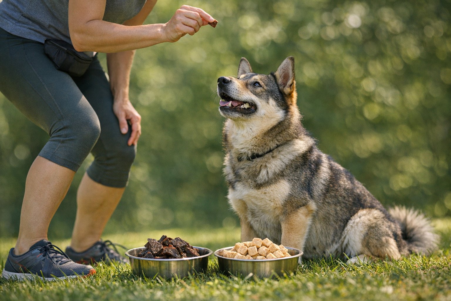Air-dried dog treats and freeze-dried dog treats shown as a comparison for dog owners choosing between treat textures and formats