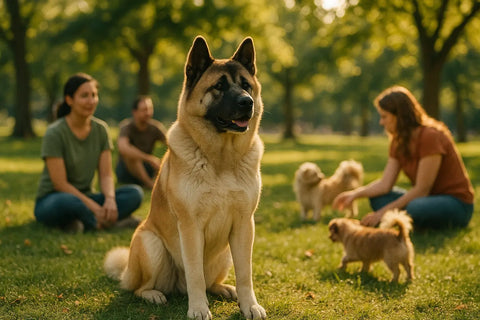Akita dog calmly observing surroundings while learning gentle socialization skills