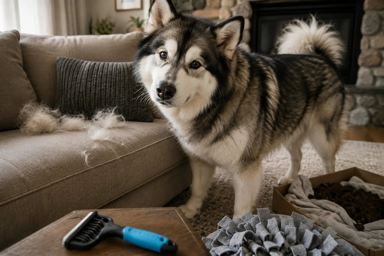 Alaskan Malamute resting near a sofa with tips for heavy coat care and digging alternatives
