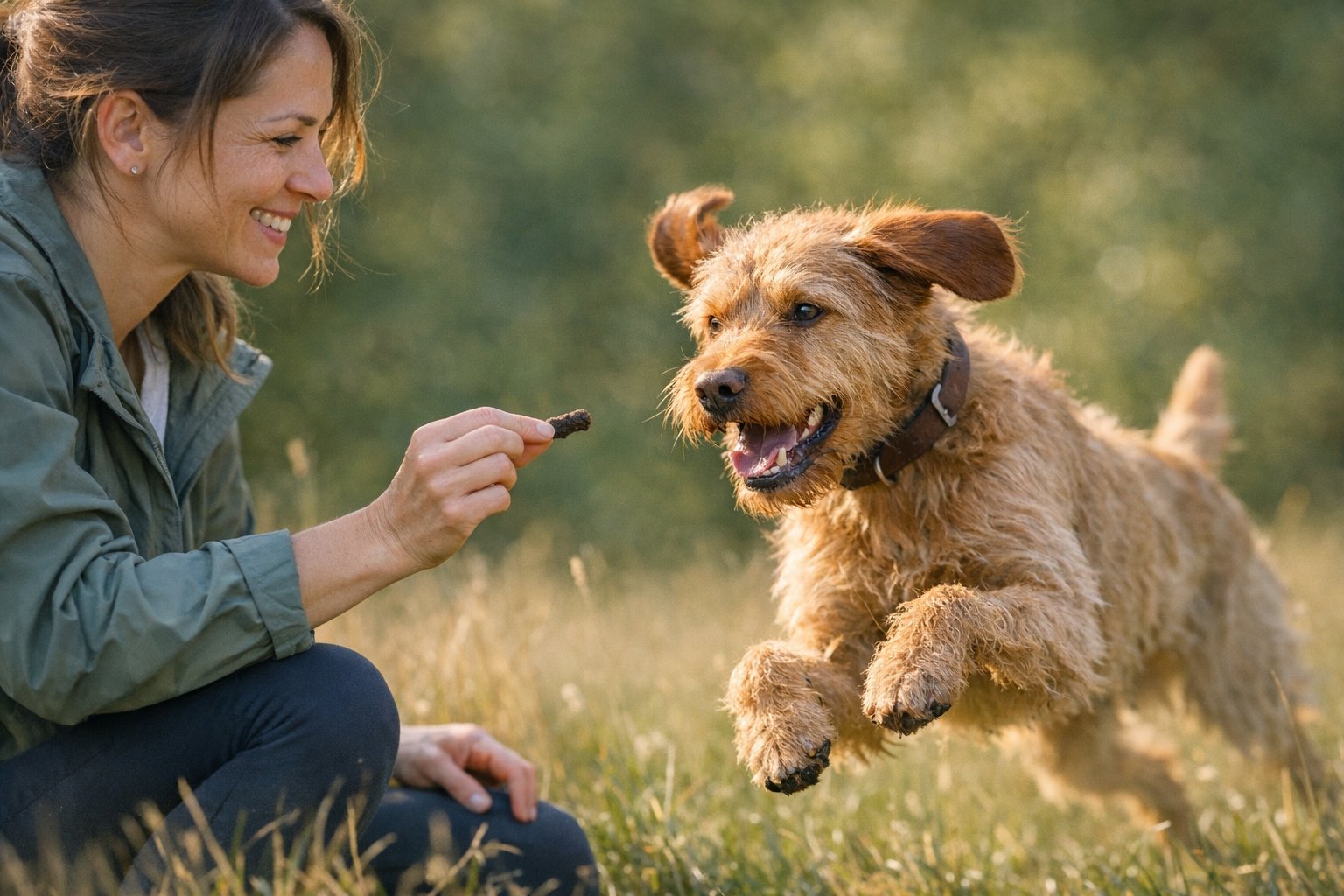 Dog being rewarded with air-dried training treats during a focused training session