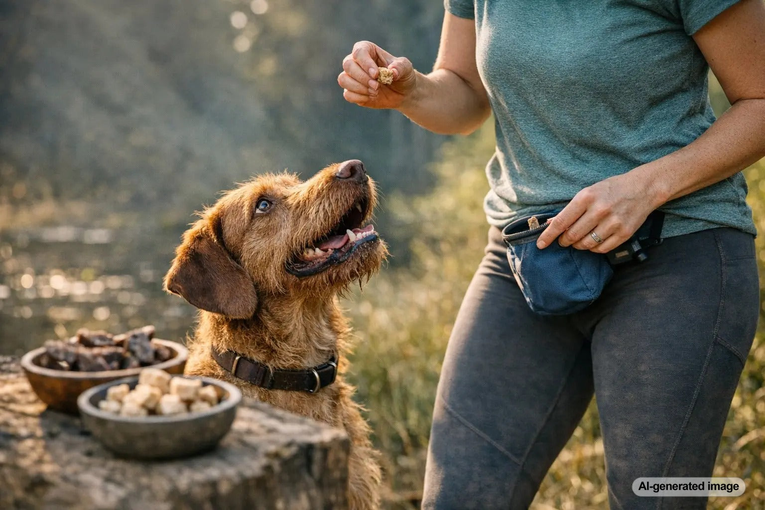 Dog owner comparing air-dried dog treats and freeze-dried dog treats for a happy dog
