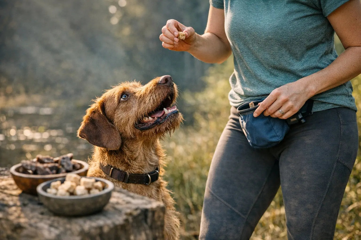 Dog owner comparing air-dried dog treats and freeze-dried dog treats for a happy dog