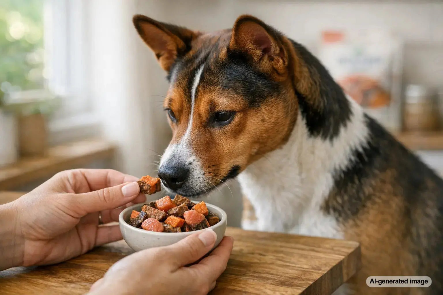 Dog enjoying air-dried treats while resting comfortably, illustrating gentle treat options for sensitive digestion