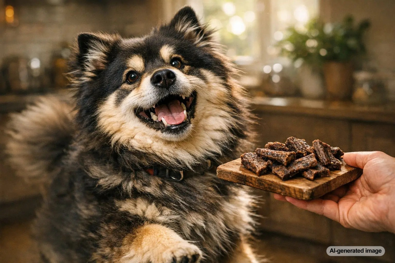 Dog enjoying an air-dried treat while the article explains whether air dried treats are good for dogs