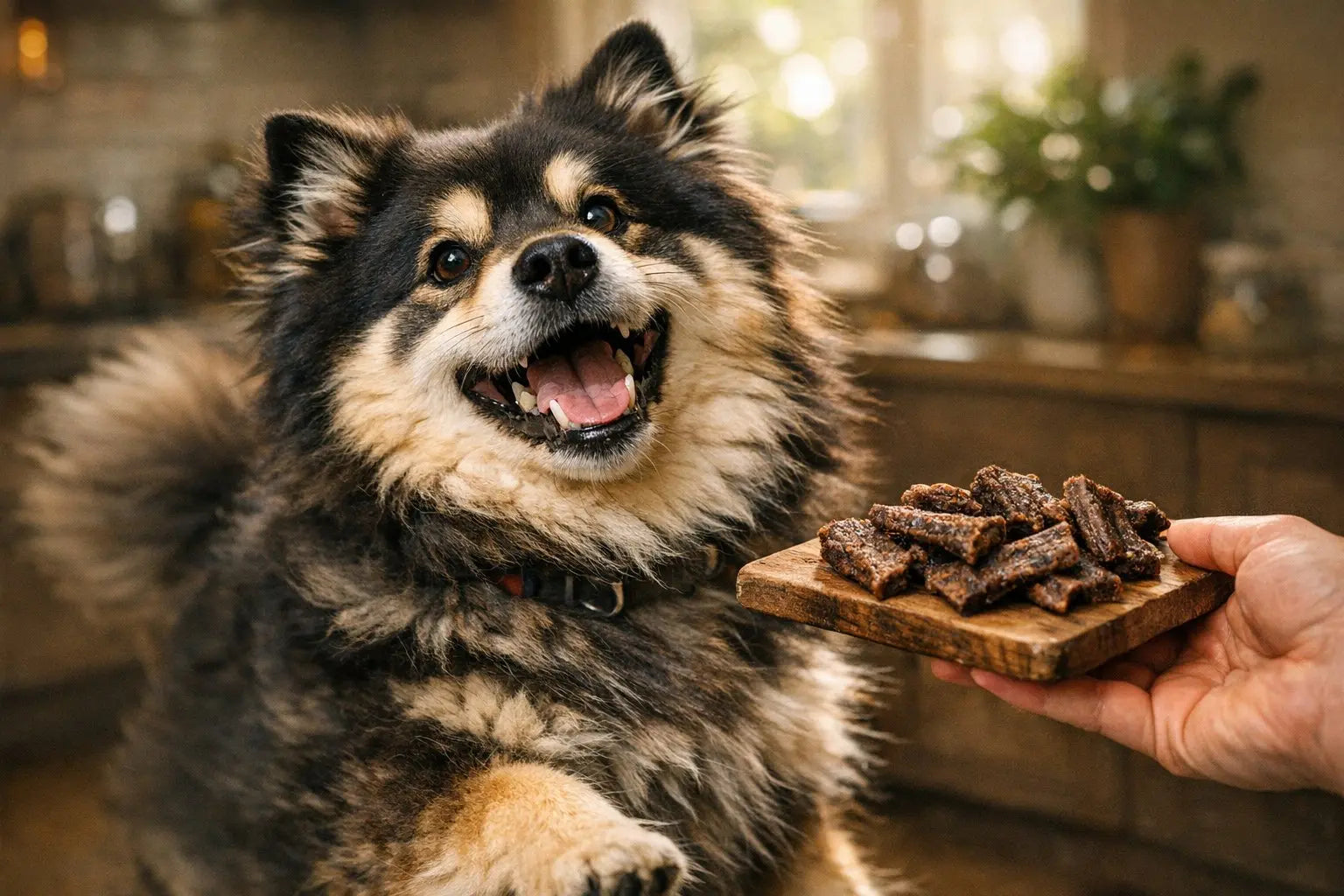 Dog enjoying an air-dried treat while the article explains whether air dried treats are good for dogs