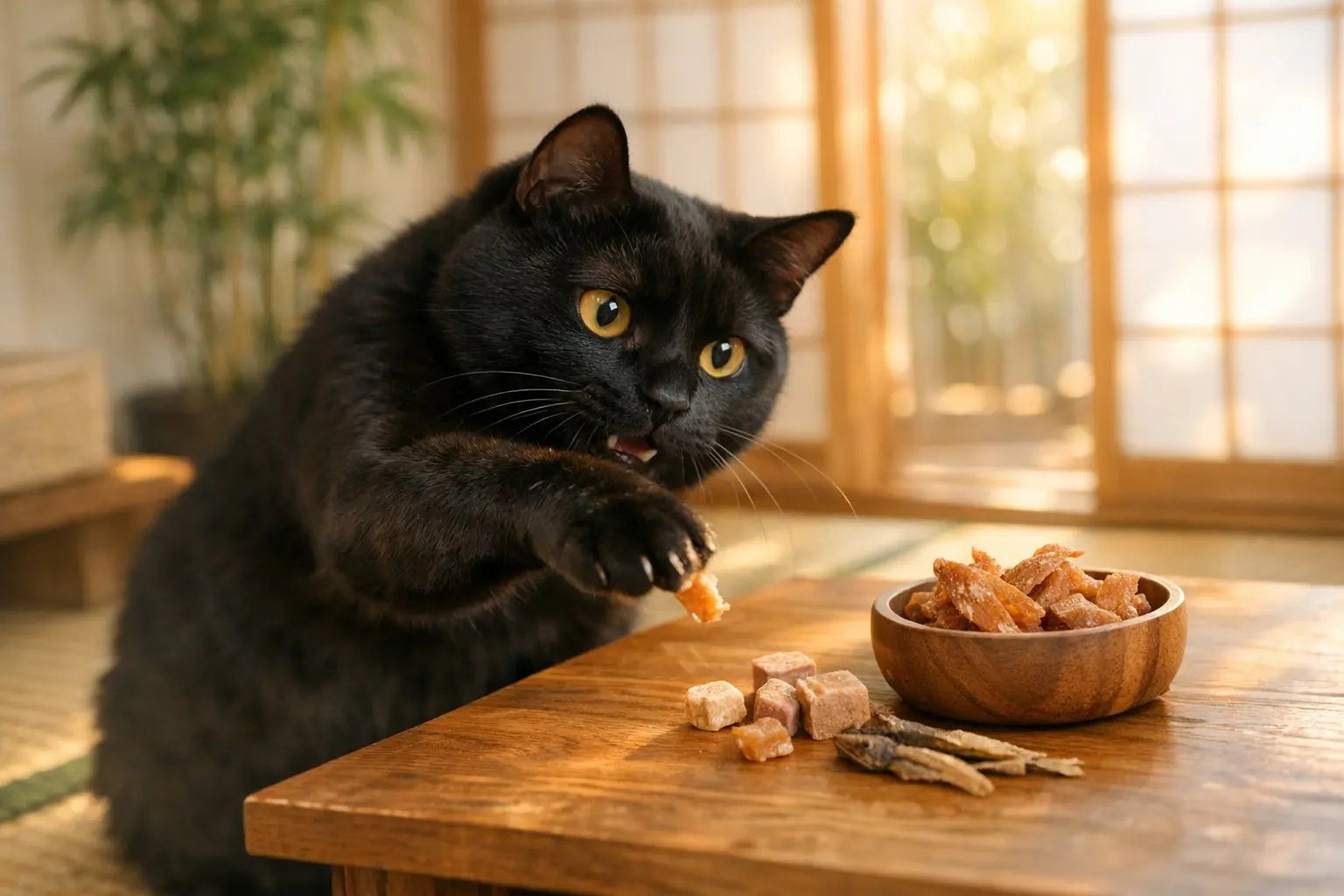 Black cat sitting calmly symbolizing good luck in Japanese culture