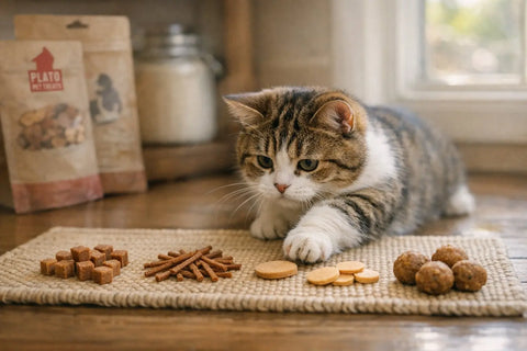 Munchkin cat reaching for treats on the floor showing how treat shape affects accessibility