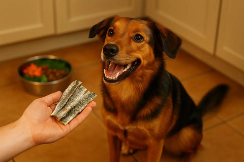 Dog enjoying a fish skin treat