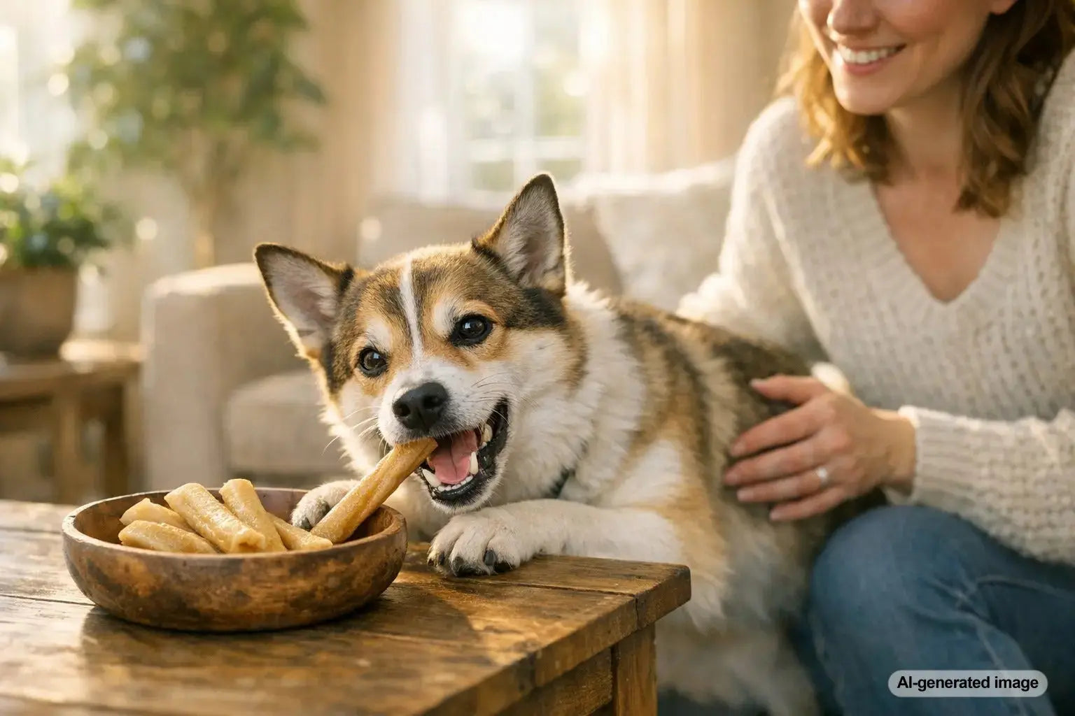Dog chewing a collagen chew beside owner in a cozy living room
