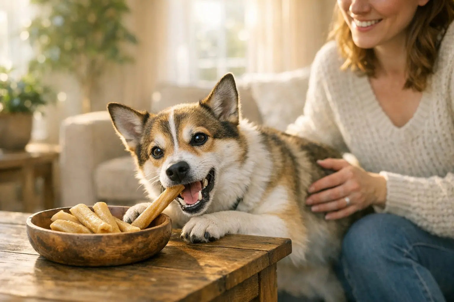 Dog chewing a collagen chew beside owner in a cozy living room