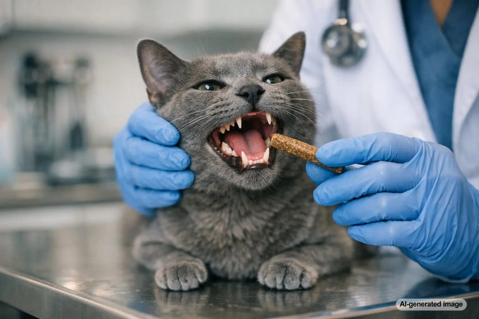 Cat chewing treats with healthy teeth and gums