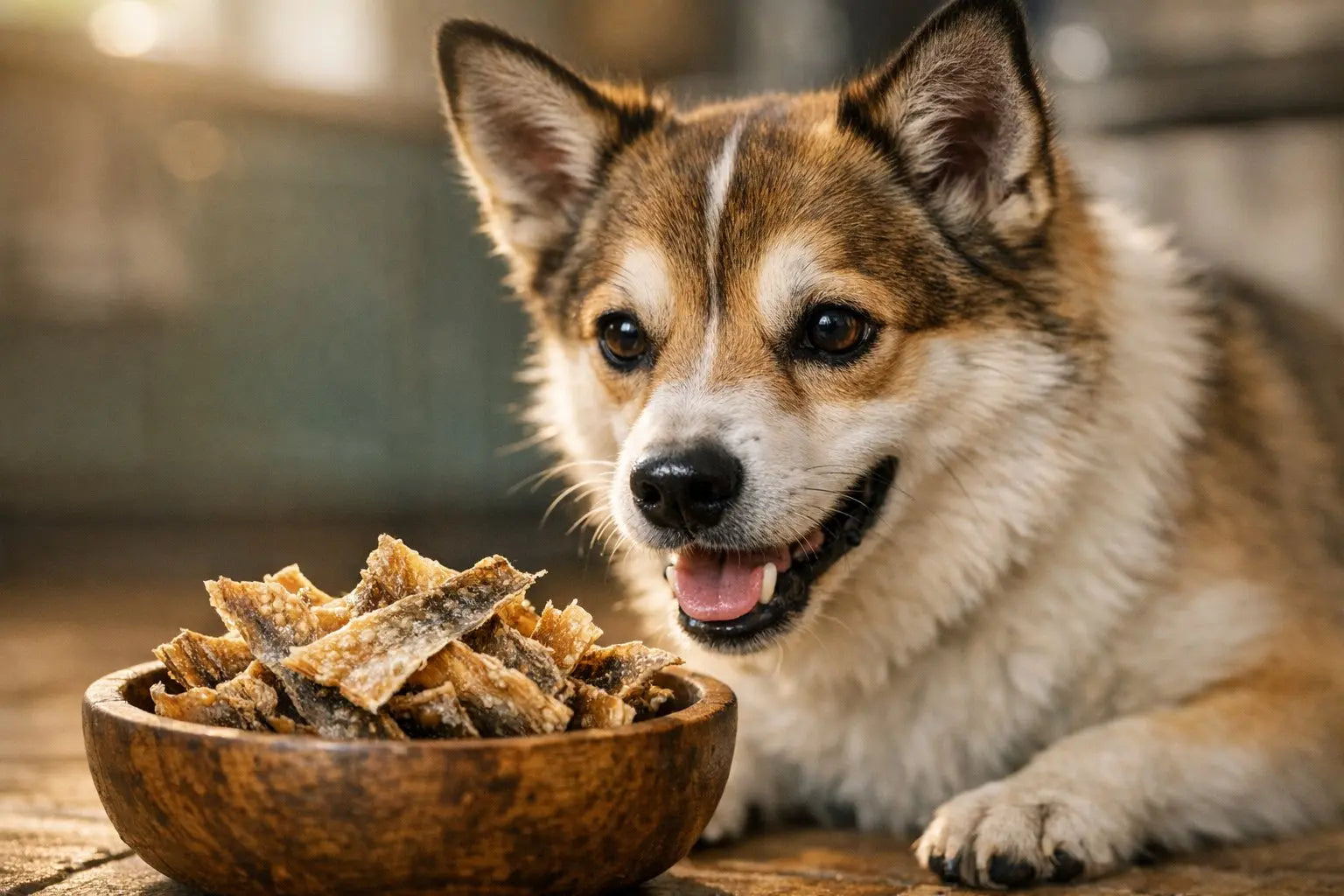 Dried cod skin dog treats showing crunchy texture and omega-rich fish chews for dogs