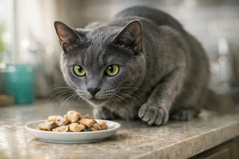 Are fish-based treats safe for cats blog feature image showing a curious cat and fish treats