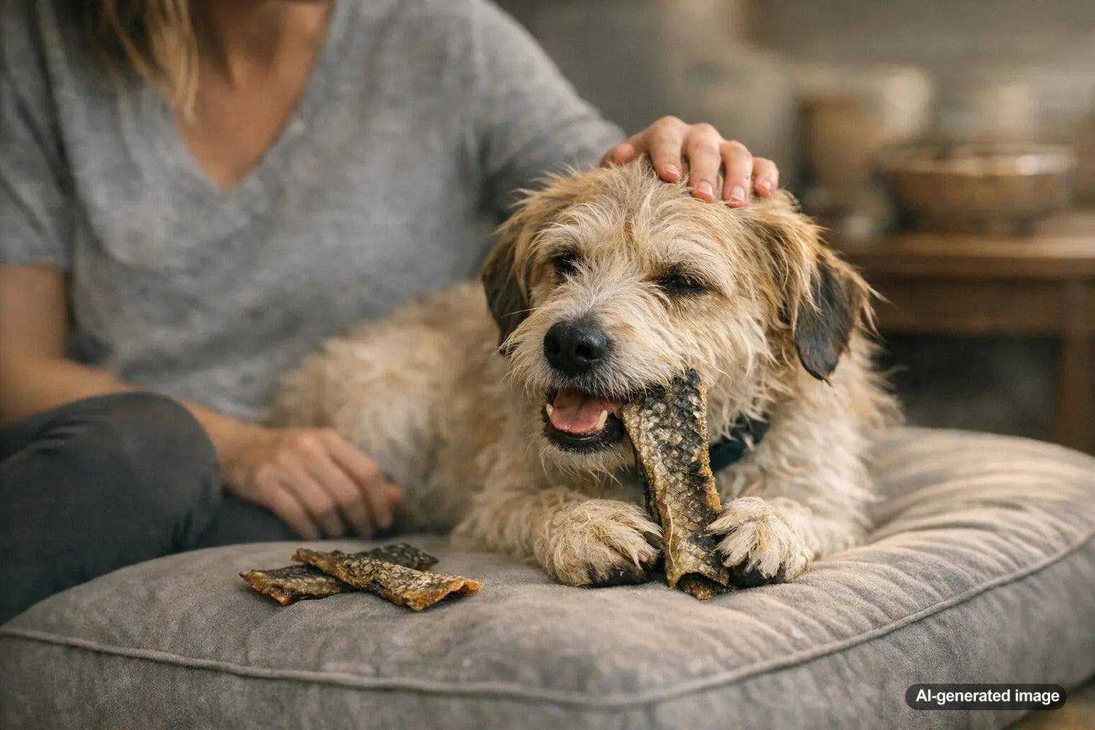Dog enjoying a healthy fish skin treat from Plato Pet Treats