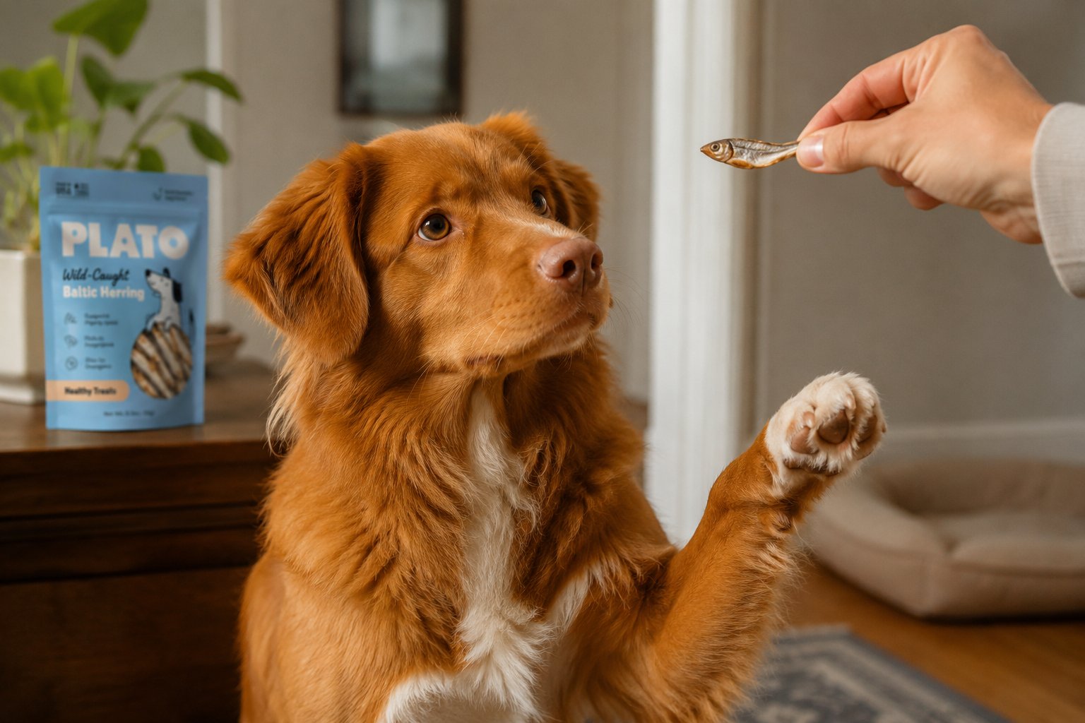 Dog enjoying fish treats for training and rewarding from Plato Pet Treats