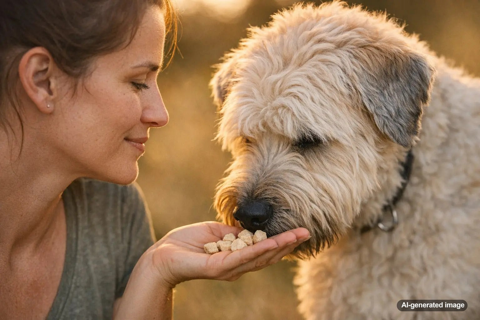 Dog with a sensitive stomach enjoying a chicken treat while learning about freeze-dried and air-dried options