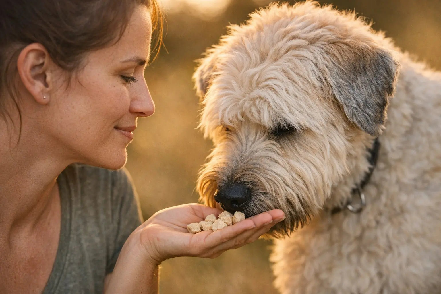 Dog with a sensitive stomach enjoying a chicken treat while learning about freeze-dried and air-dried options