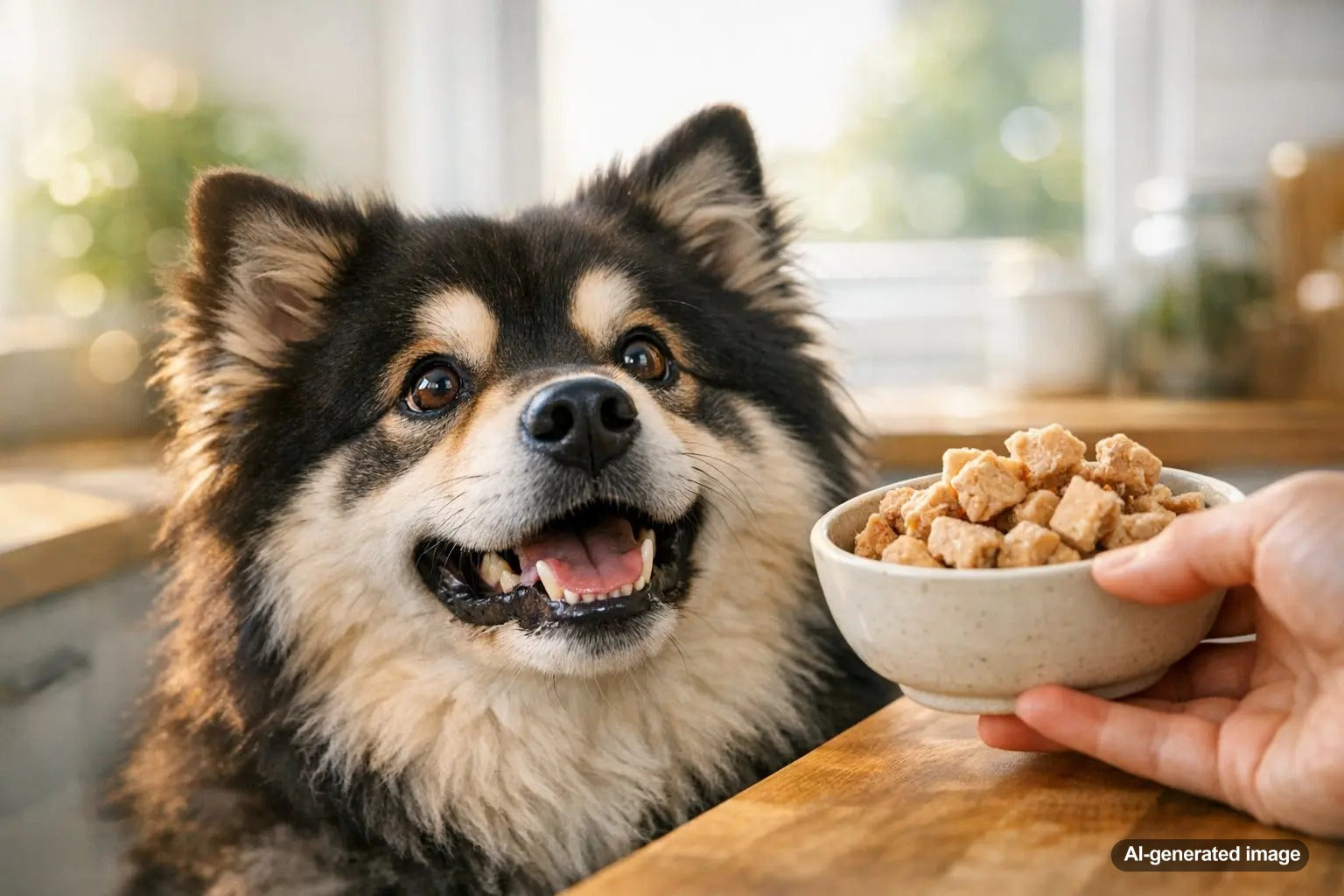 Freeze-dried chicken dog treats in a bowl with a happy dog nearby