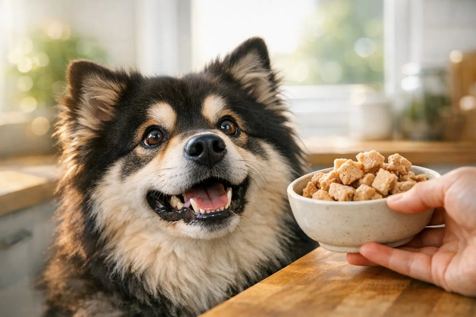 Freeze-dried chicken dog treats in a bowl with a happy dog nearby