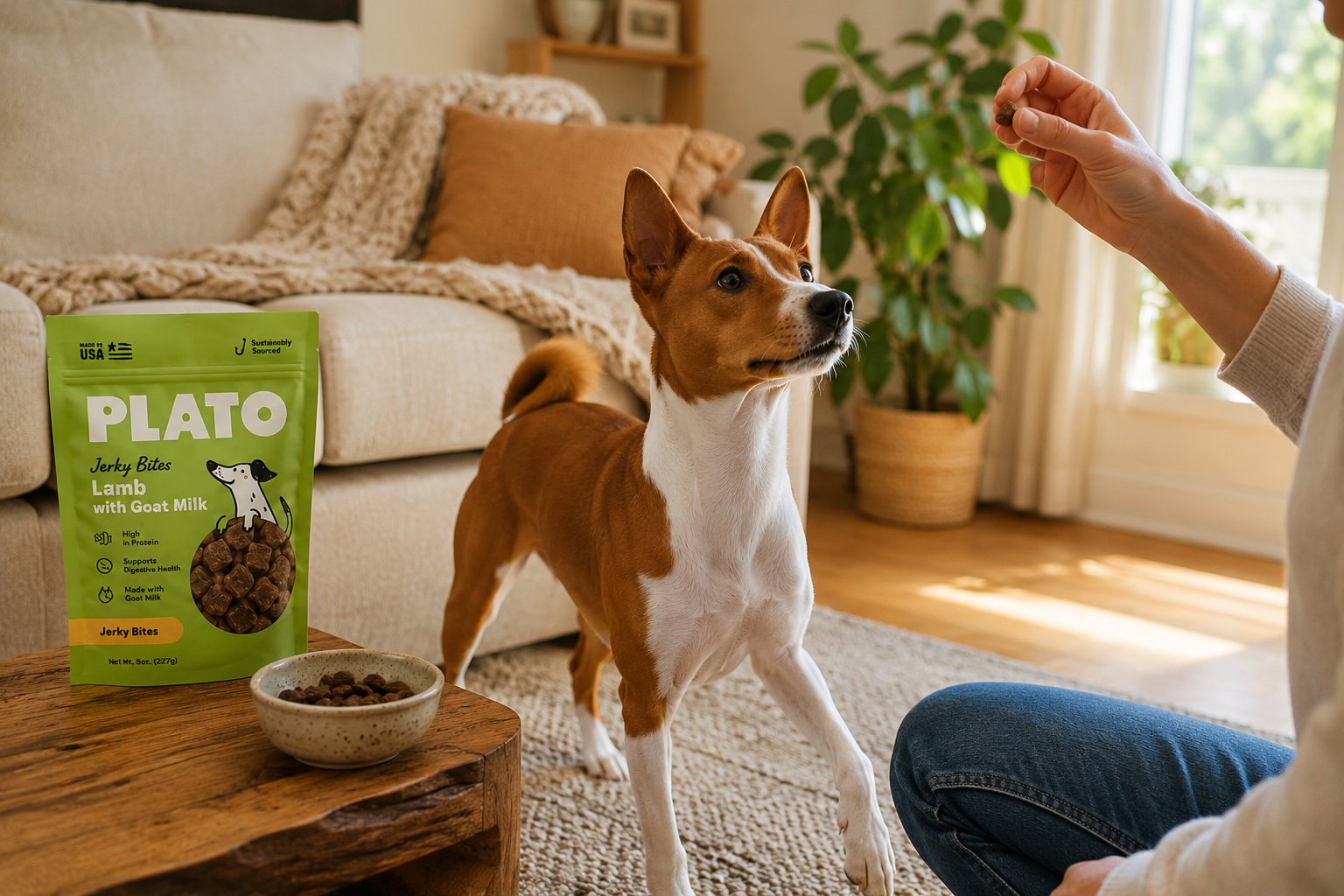 Happy dog enjoying grain-free Plato Pet Treats during snack time