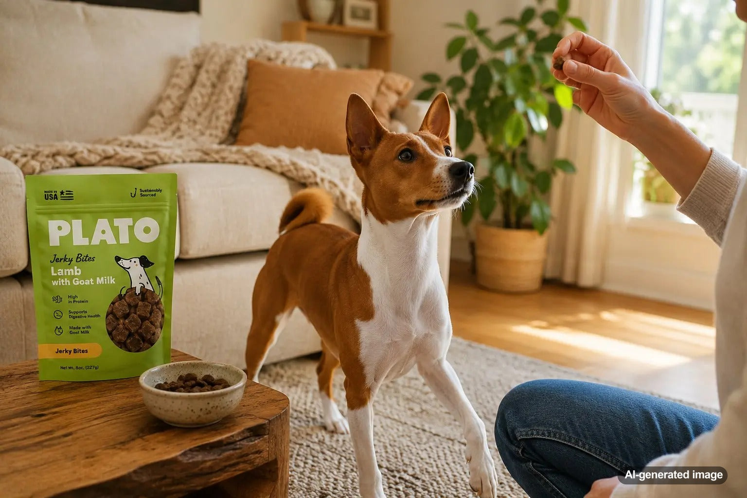 Happy dog enjoying grain-free Plato Pet Treats during snack time