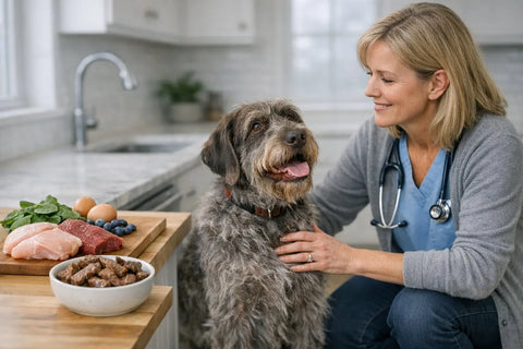 Dog enjoying a high-meat treat while resting comfortably at home