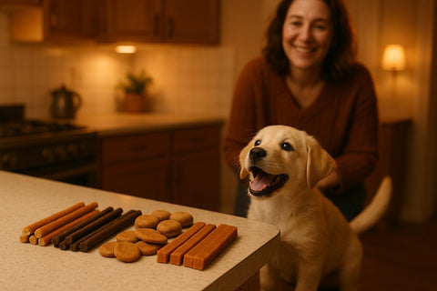 Puppy enjoying a safe jerky treat