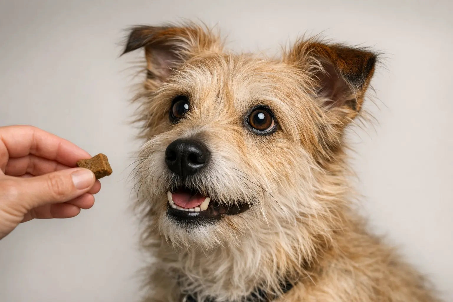 Dog with a curious expression enjoying a limited ingredient treat for allergy-conscious snacking