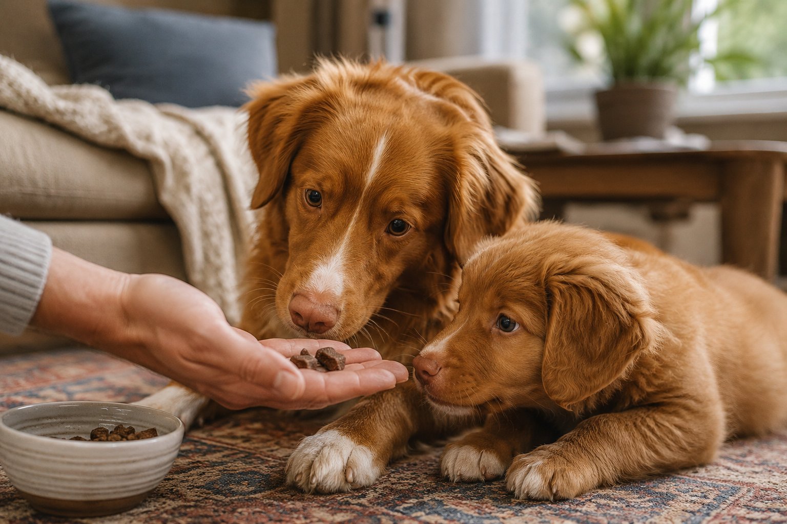 Puppy and adult dog enjoying healthy treats while learning if liver treats are good for dogs