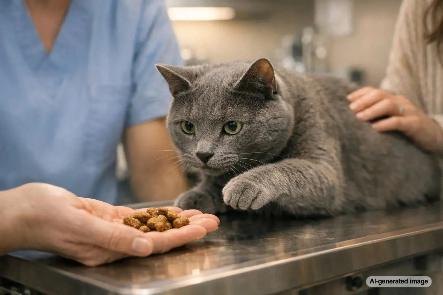 Cat calmly enjoying treats during a veterinary visit to reduce fear and anxiety