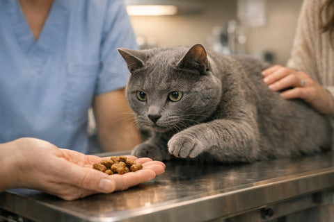 Cat calmly enjoying treats during a veterinary visit to reduce fear and anxiety