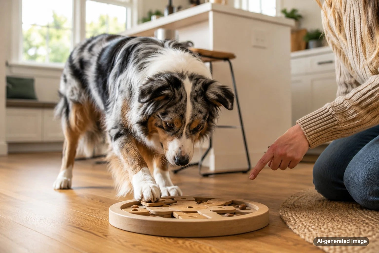 Australian Shepherd enjoying mental enrichment and training games for energy management without a ranch