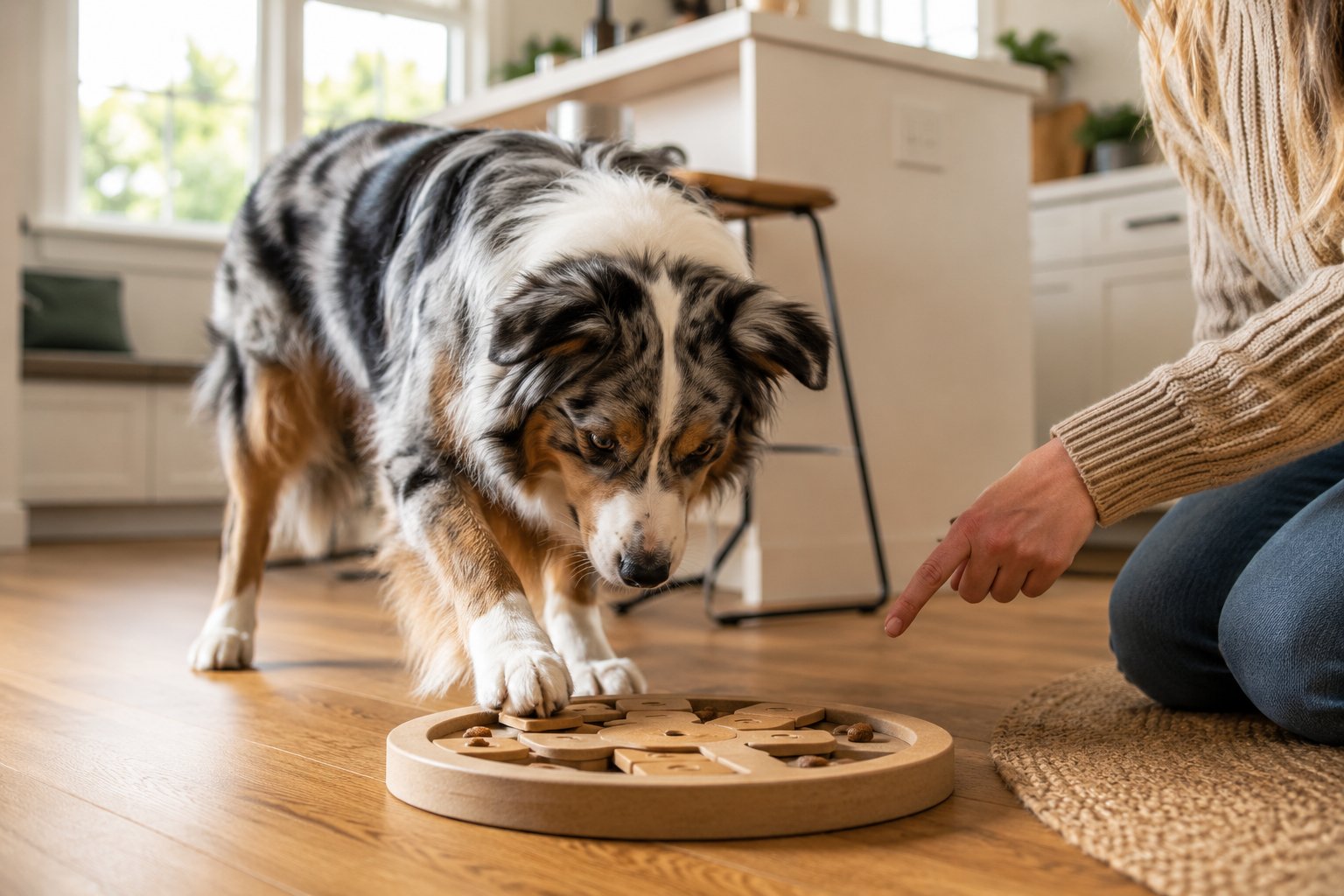 Australian Shepherd enjoying mental enrichment and training games for energy management without a ranch