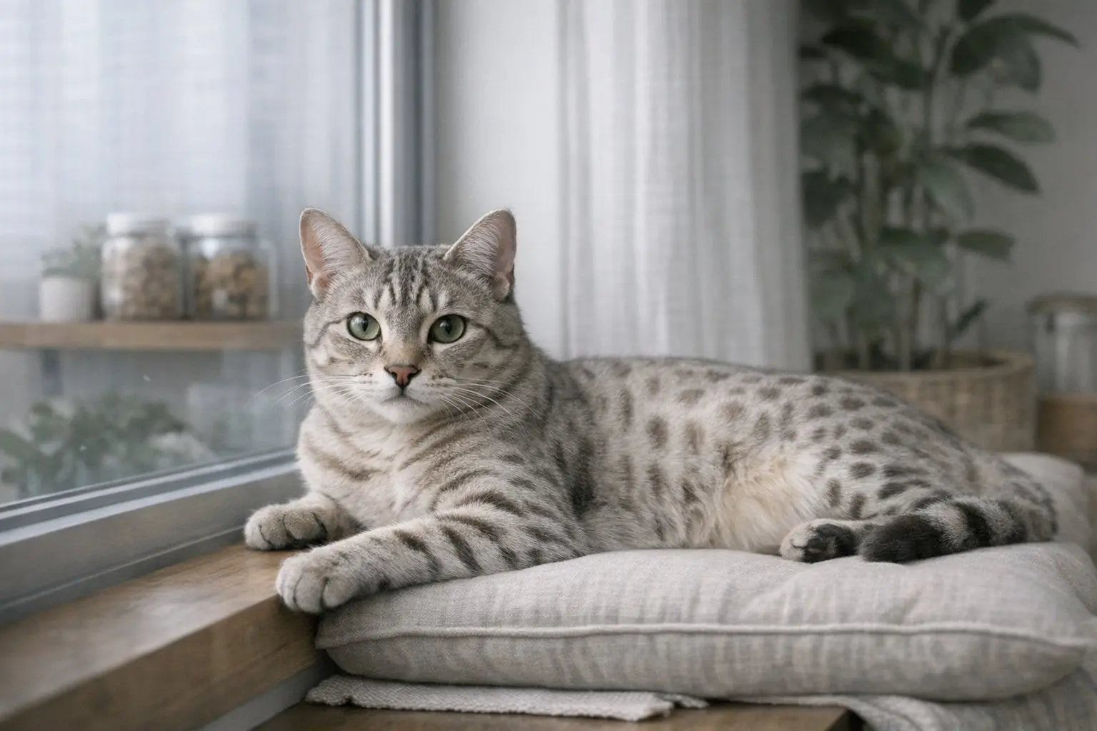 Australian Mist cat with spotted coat relaxing indoors