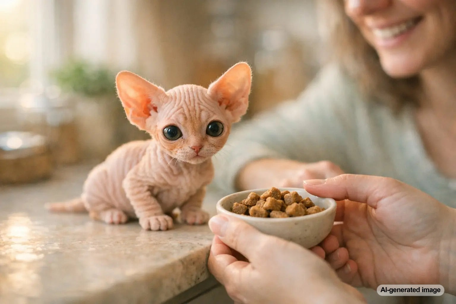 Bambino Sphynx hairless cat with short legs lounging comfortably indoors