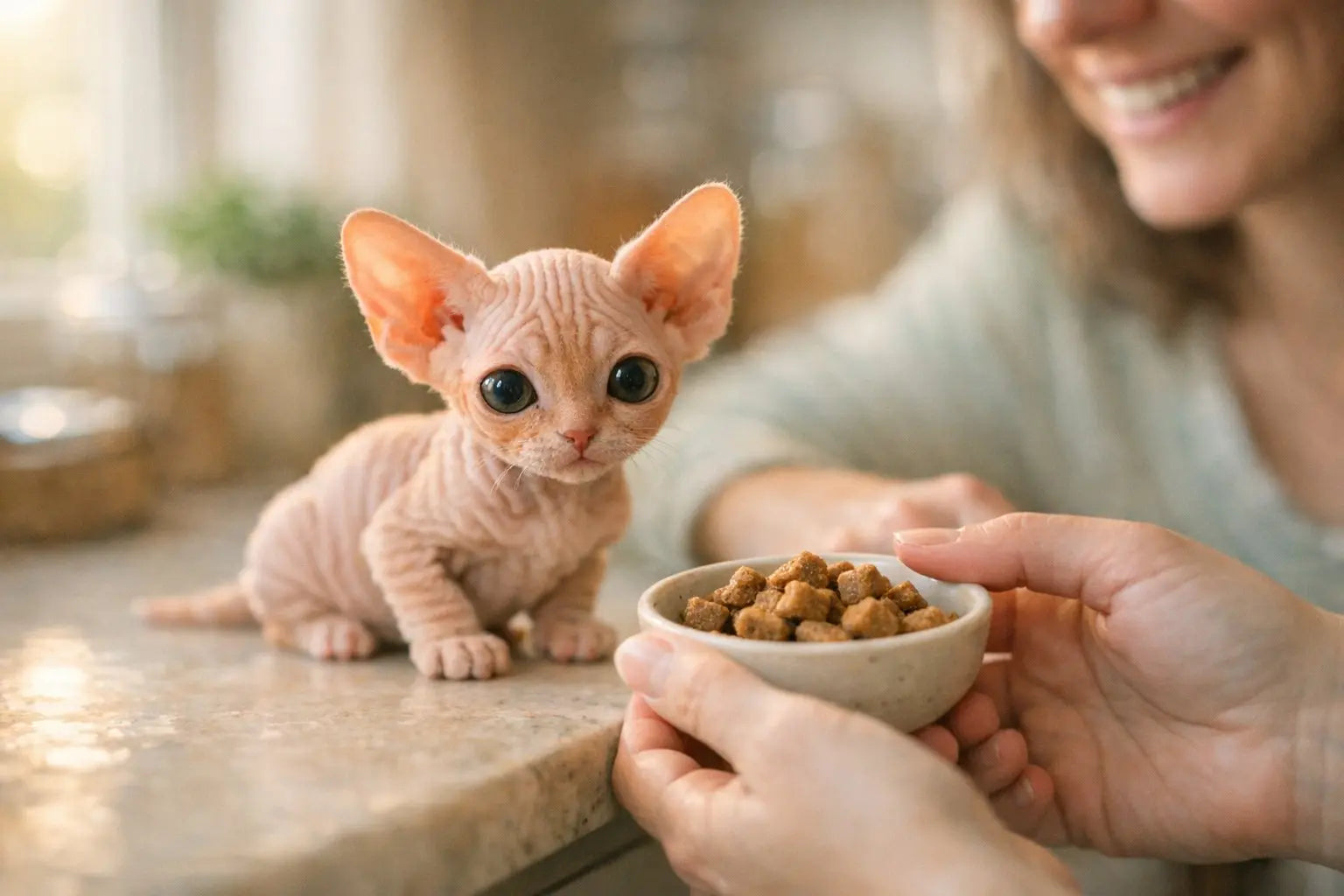 Bambino Sphynx hairless cat with short legs lounging comfortably indoors