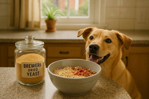 Happy dog enjoying a treat with brewer's dried yeast