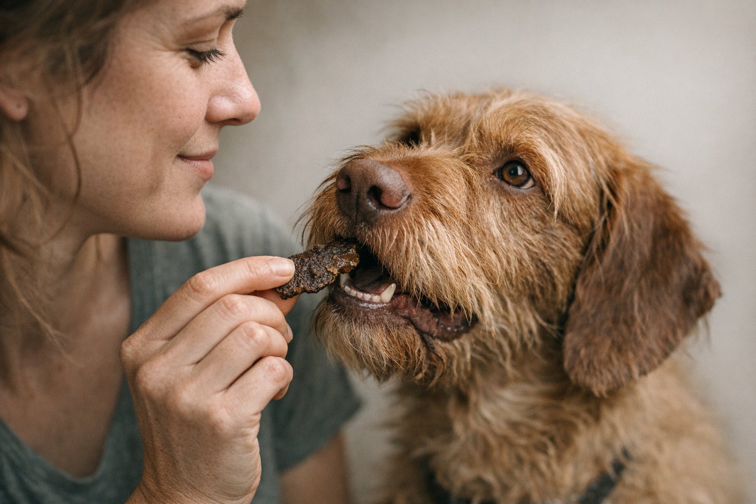 Dog enjoying real meat air-dried treats from Plato Pet Treats