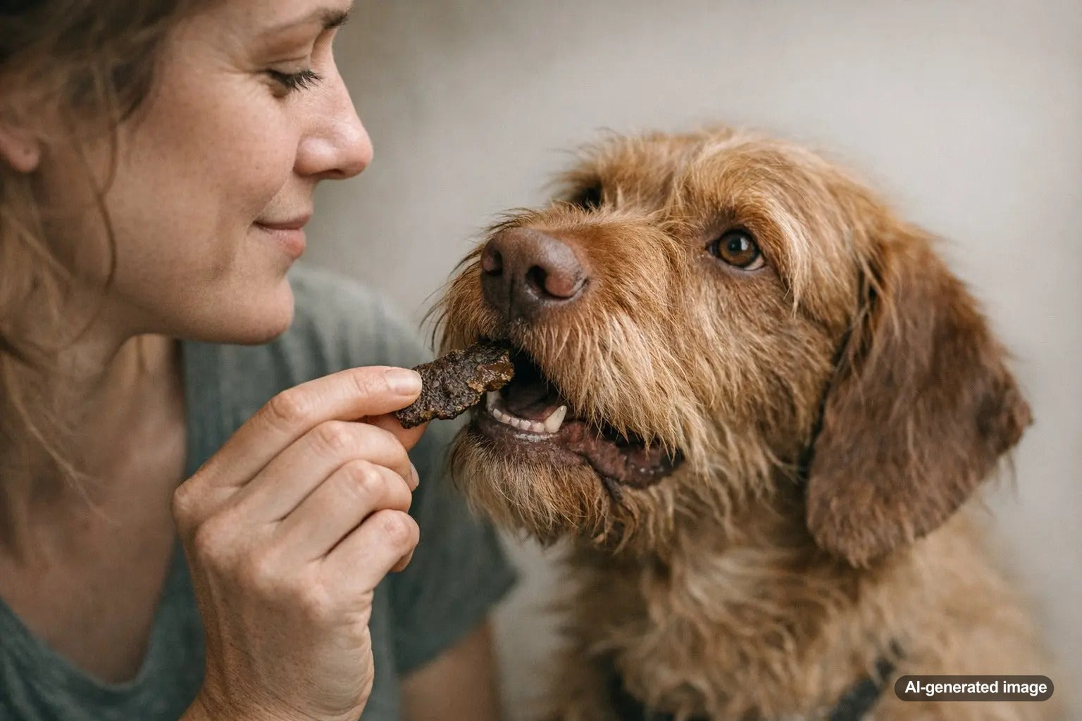 Dog enjoying real meat air-dried treats from Plato Pet Treats