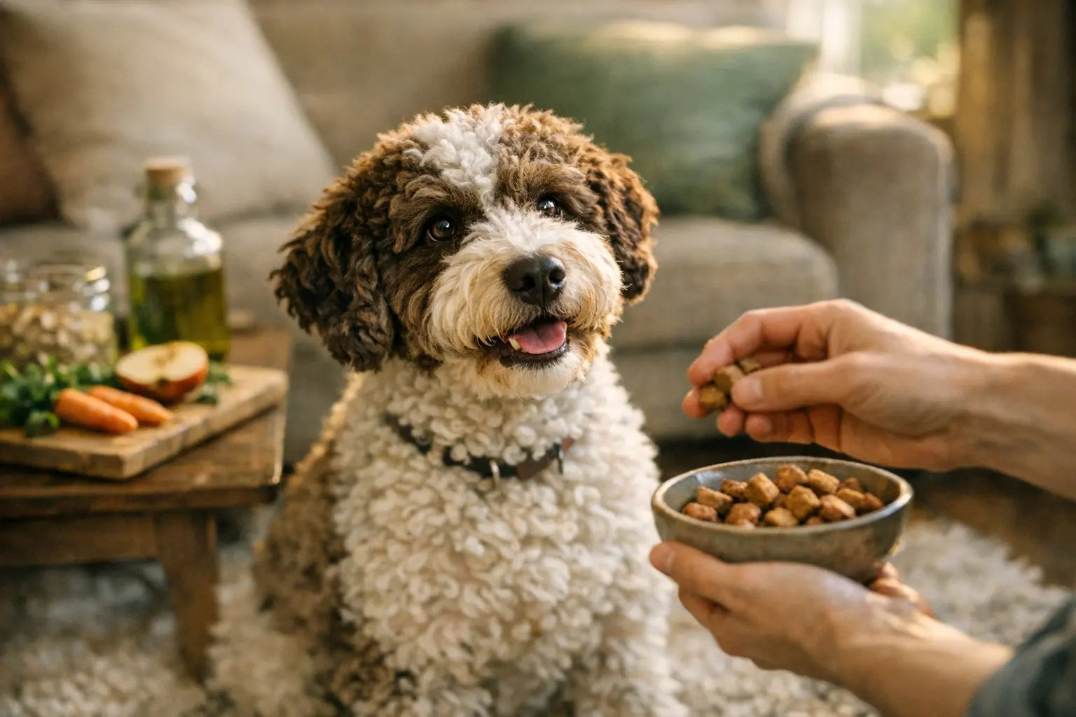 Curly brown and white dog sitting calmly indoors while being offered treats from a bowl