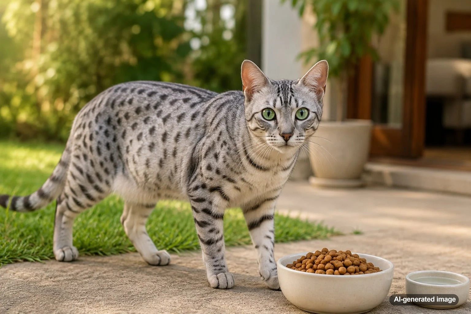 Healthy cat beside a measured bowl of nutritious food for weight management