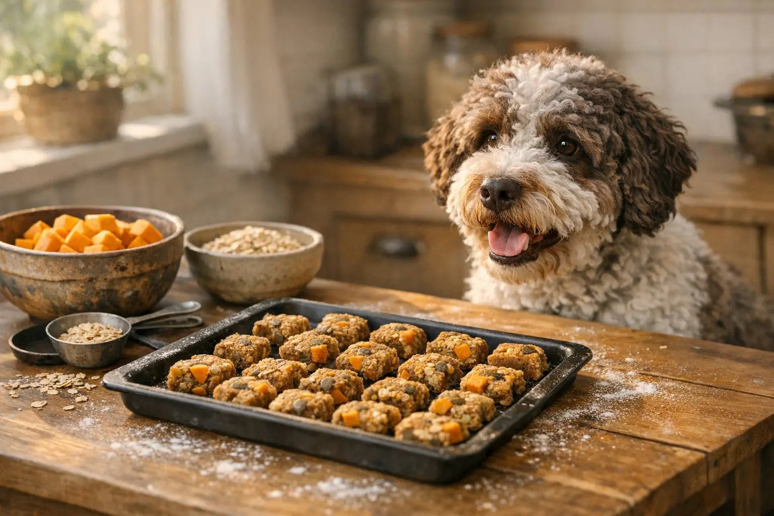 Homemade dog treats for sensitive stomachs arranged on a tray for a Plato Pet Treats blog feature