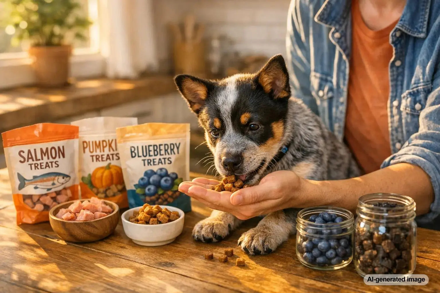 Mouthy puppy training session with high-value treats for a strong, energetic herding breed such as a cattle dog